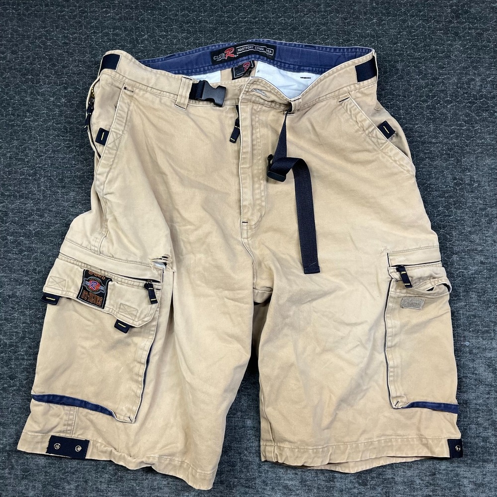 Vintage Club R Jeans USA Cargo Shorts Men's Tan Beige Belted Utility Y2K - 36 - Picture 1 of 16